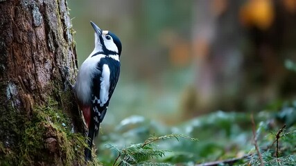 Woodpecker perched on tree trunk in natural environment daytime scene
