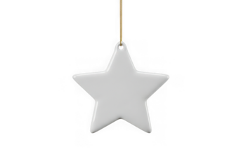 White ceramic star ornament hanging by a golden string, perfect for christmas decorations or festive designs, isolated on transparent background