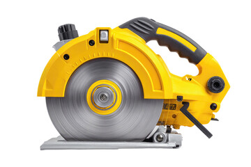 A yellow and gray electric circular saw, ready to cut