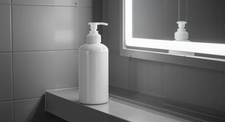 White pump bottle standing on bathroom shelf next to mirror  