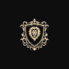 Luxury vintage heraldic shield featuring a powerful lion head centerpiece, framed by elaborate baroque and filigree decorations