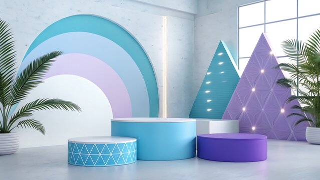 Modern 3d product display podium set in a pastel room with geometric shapes and soft lighting for presentation or advertisement - Powered by Adobe