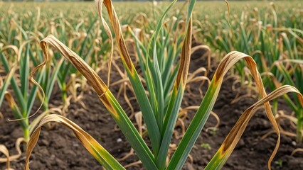 Obraz premium Garlic plants in a field exhibiting browning and wilting leaves, indicating signs of disease, stress, or natural decay affecting agricultural crop health and yield under natural light.
