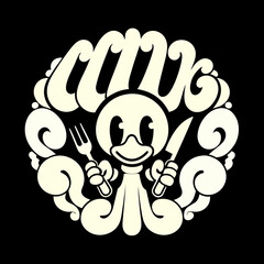 Cartoon character holding fork and knife in ornate circle