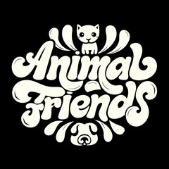 Cartoon cat and dog faces with text animal friends