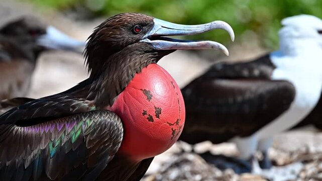 Close-up of a frigatebird holding a red inflatable Frigate Burger ball in its beak on a sunny day.