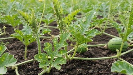 Obraz premium Young watermelon plants thriving in rich soil with tiny fruits, indicating early stages of crop growth in a vibrant agricultural field, showcasing natural cultivation.