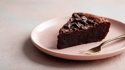 A flat lay of chocolate cobbler slice on pastel beige plate, neutral background, minimalist composition