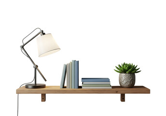 Desk lamp books and plant on a wooden shelf against a black background