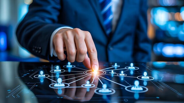 Business professional interacting with digital network interface for communication and connection
