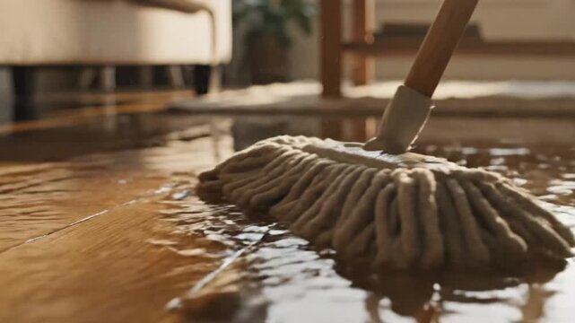 Close-up of a mop cleaning a wooden floor with water on a sunny indoor setting