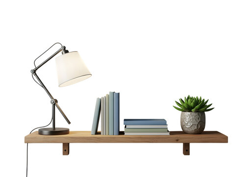 Desk lamp books and plant on a wooden shelf against a black background