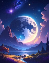 Dreamscape featuring a giant moon behind misty mountains, lake and field, under a starlit sky, dreamy and atmospheric
