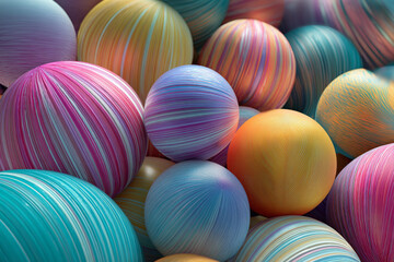 A vibrant and colorful close up of many round objects resembling decorated eggs with a striped pattern