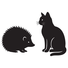 Hedgehog and cat silhouette facing each other in black vector
