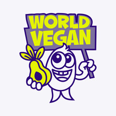 Cheerful character holding avocado and world vegan sign