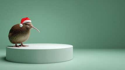 Cute kiwi bird wearing red Santa Claus hat sitting on empty circular white podium. Emerald green background. Stage for product display, presentation and branding. New Year winter December sale. 