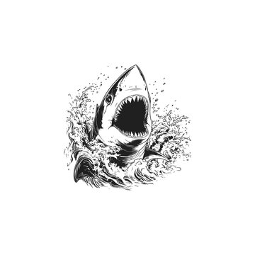 Dynamic vintage engraving style illustration of a massive Great White Shark aggressively breaching the ocean waves with its jaws wide open