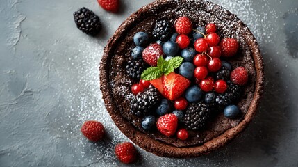 A flat lay of chocolate cobbler with berries on top, muted gray background, minimalist styling