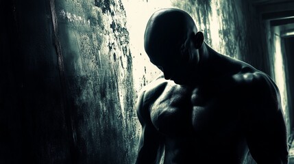 A muscular figure stands in a dimly lit room, embodying strength, solitude, and dramatic, moody intensity. The image captures tension, mystery, and raw emotion.