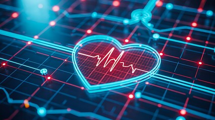 Neon heart shape with heartbeat pulse on digital grid
