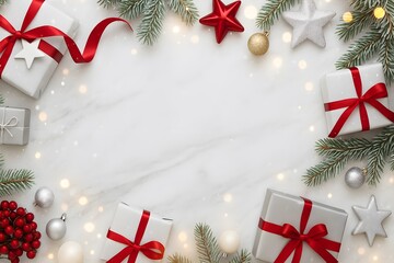 Christmas white marble background framed with winter foliage, red ribbons, ornaments, and gift boxes along the borders. Soft snowfall and warm bokeh flecks drifting across.