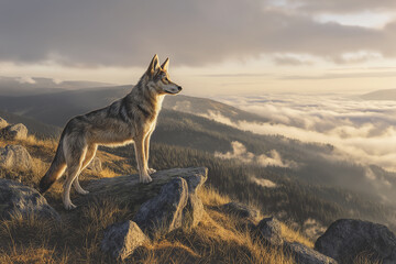Majestic coyote stands proudly on a rocky mountain peak overlooking a misty valley