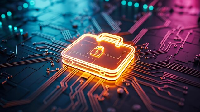 Neon briefcase icon glowing on digital circuit board