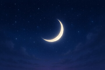 Fototapeta premium Glowing crescent moon silhouette with twinkling stars on night sky background