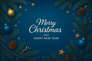 Christmas festival composition with a rich blue gradient background. Decorate the borders with gold and blue ornaments, pine branches, pearls, stars, ribbons, and pinecones.