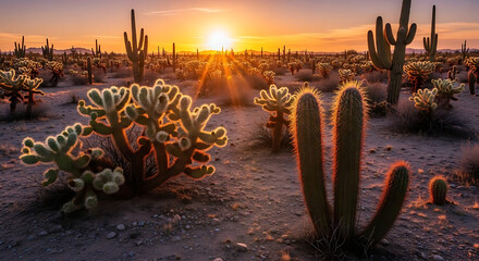 Sunset over a desert landscape filled with saguaro and cholla cacti in arizona wilderness area ai generated