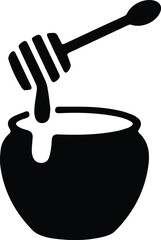 Minimalist black honey pot with wooden dipper silhouette vector icon