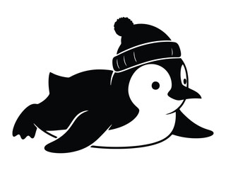 A cute penguin wearing a winter hat is lying down in a black and white illustration perfect for seasonal designs