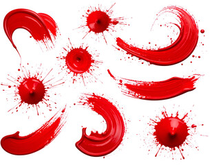 Dynamic collection of red paint splatters, strokes, and splashes