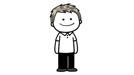 Obraz premium Cartoon boy, smiling, with short blond hair, wearing black shirt and pants, stands upright, simple hand drawn style, cheerful and friendly character illustration