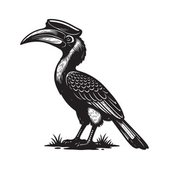 Fototapeta premium Black and yellow billed hornbill. Hornbill Bird Vector Illustration With Large Curved Beak On White