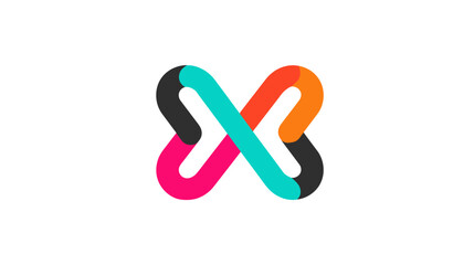 Vibrant abstract X-shape logo concept with interconnected colorful elements on white background, representing connection, unity, and modern design.