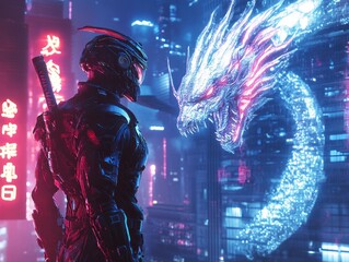 Figure and digital dragon illustration