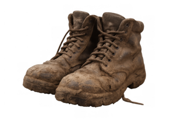 Muddy old leather work boots on transparent background representing hard work, ruggedness, and outdoor adventure