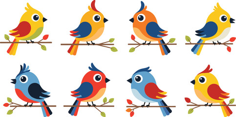 Collection of eight colorful cartoon birds perched on branches illustration