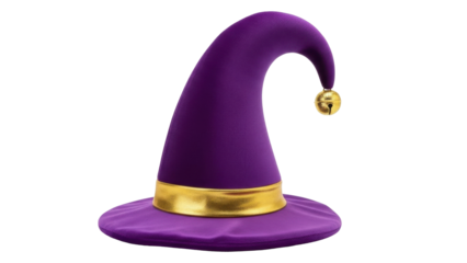 Isolated purple jester hat with bell on white, circus clown, masquerade costume design