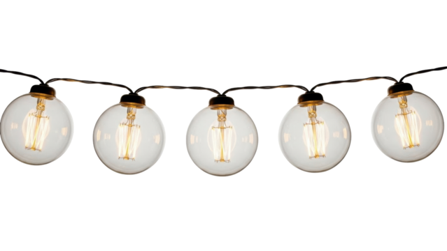 Isolated decorative string of Edison-style light bulbs, ideal for backyard party scenes or rustic settings