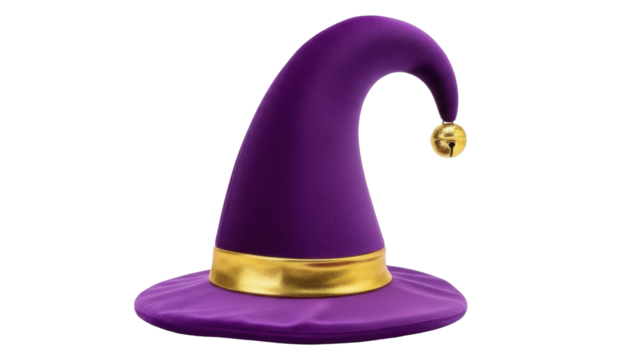 Isolated purple jester hat with bell on white, circus clown, masquerade costume design