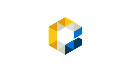 Fototapeta premium Sleek abstract geometric C letter logo icon, composed of colorful polygonal facets in blue, yellow, and gray, on a white background.