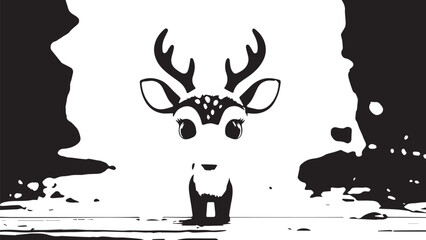 Silhouetted deer emerging from water with splash and reflection.