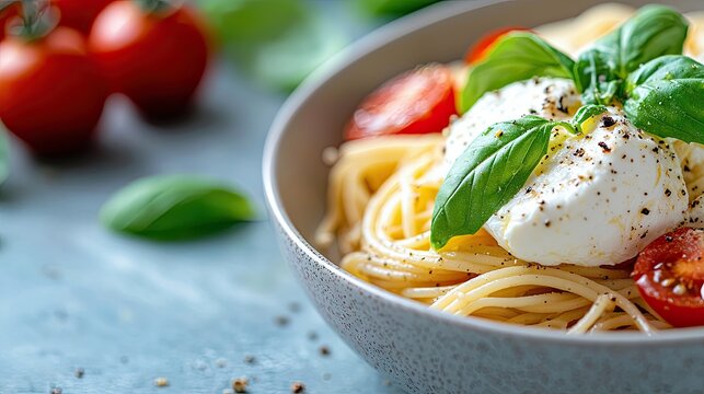 Close-up of a bowl of spaghetti pasta with burrata cheese, cherry tomatoes, and basil. Food photography with a focus on fresh ingredients and delicious presenta