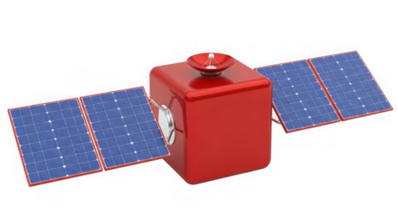 Modern red satellite extended solar panels for space exploration global communication, isolated on transparent background
