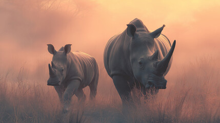 Majestic mother and calf rhino together in warm golden hour african savannah light