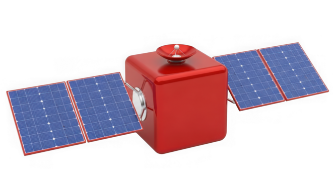 Modern red satellite extended solar panels for space exploration global communication, isolated on transparent background