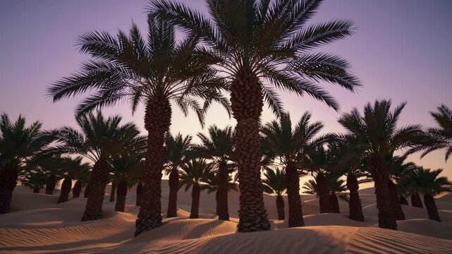 Rows of palm trees at dusk with warm twilight sky